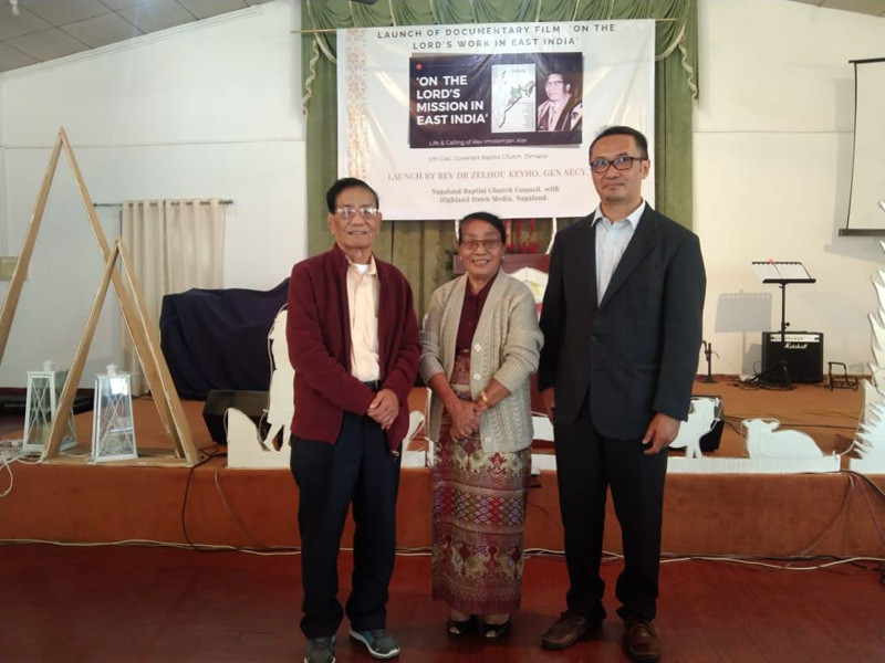 (From left) Rev Dr K Imotemjen Aier, his wife and NMM Director Rev Andrew Semp at the launch programme of ‘On the Lord’s work in east India’ at the Covenant Baptist Church, Nagaland, NMM, Dimapur on December 17.